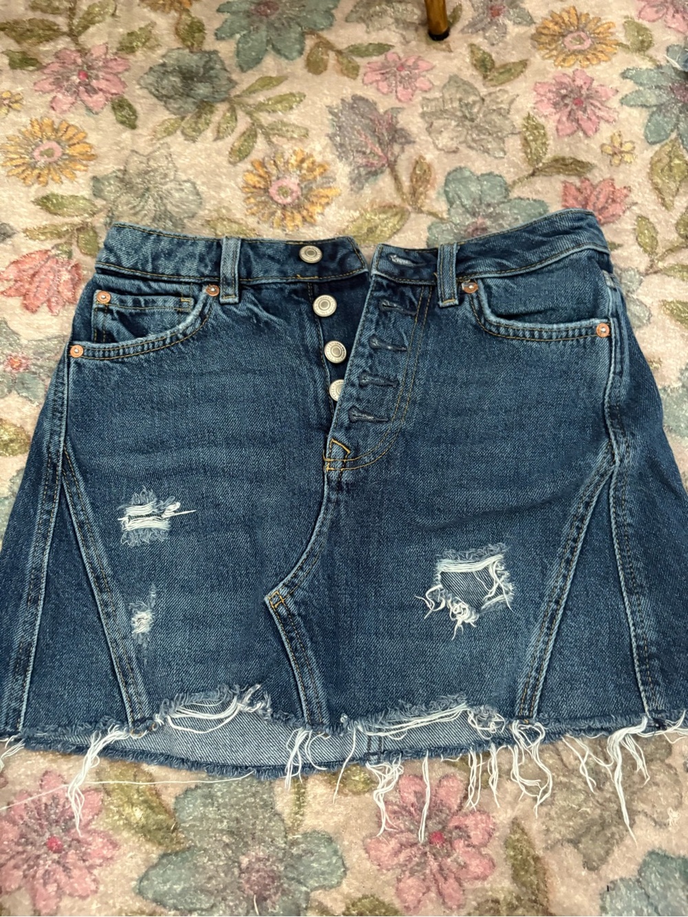Free People Dark Blue Distressed Button-Front Denim Mini Skirt